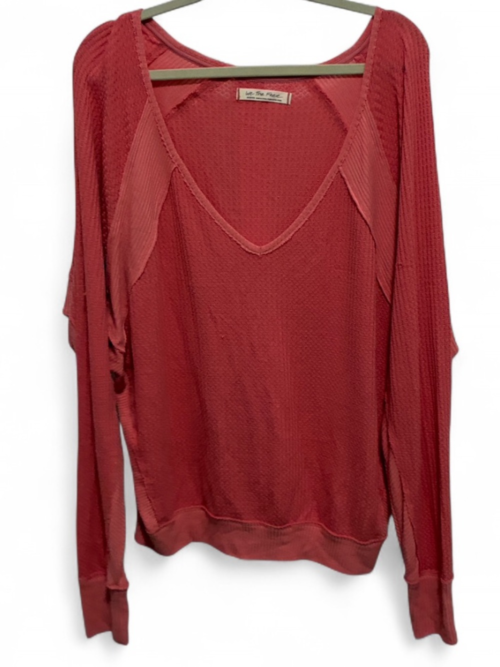 We the Free Santa Clara Coral V-Neck Oversized Waffle Knit Long Sleeve Top